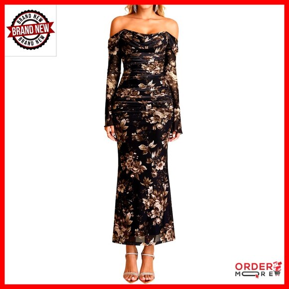 Off Shoulder Long Sleeve Maxi Dress Corset Bodycon Ruched Formal Elegant